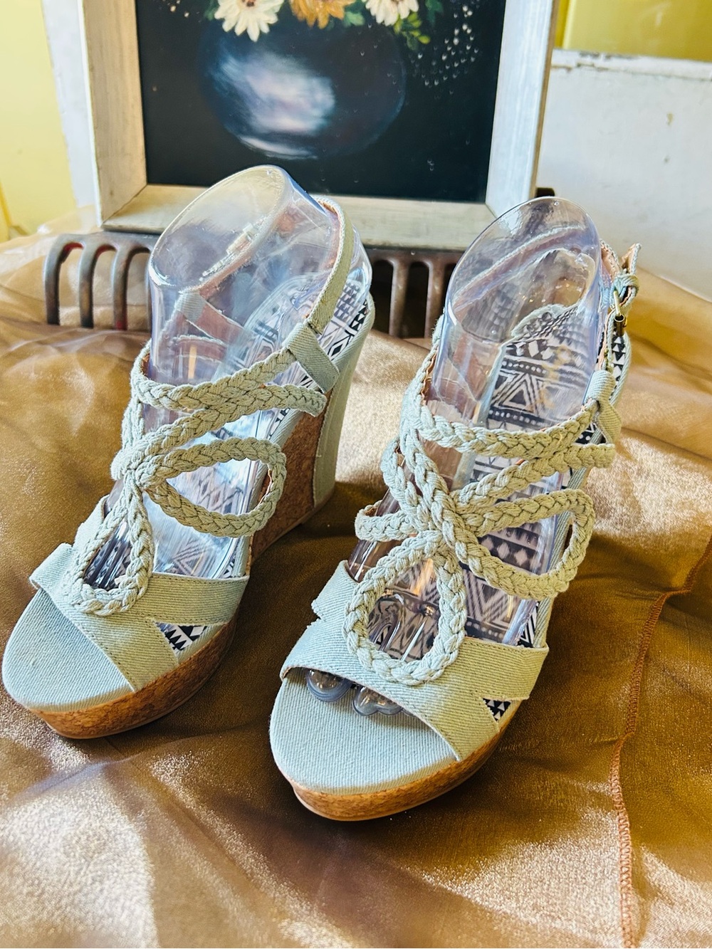 Qupid Blue Denim Braided Strappy Cork Wedge Sandals
